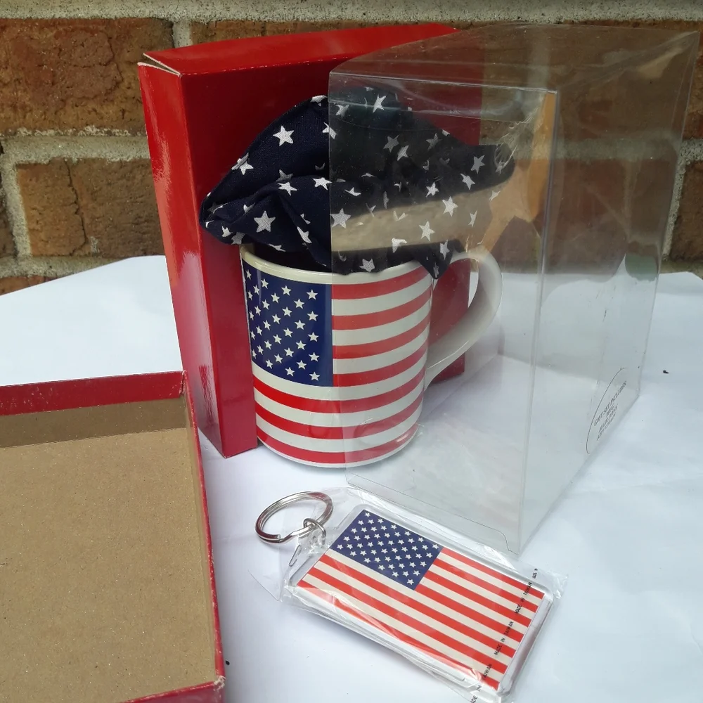 NWT American Flag Gift for him Key Chain Mug Set and Pony Tail Tie Patriot - Picture 3 of 9